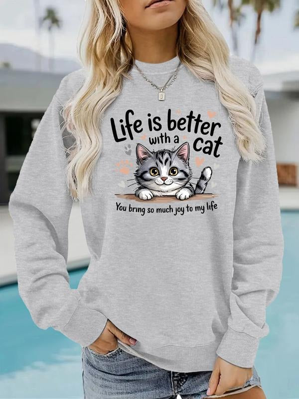 Women's Cat Pattern Pullover Sweatshirt, Soft Long Sleeve Round Neck, Casual Daily Wear, Durable Fabric T-Shirts, Hoodie