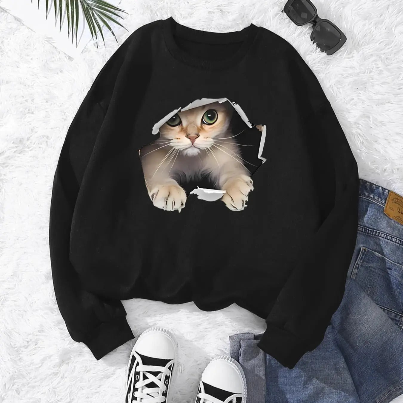 Women's Cat Print Drop Shoulder Sweatshirt, Casual Long Sleeve Round Neck Pullover for Fall & Winter, Ladies Clothes for...