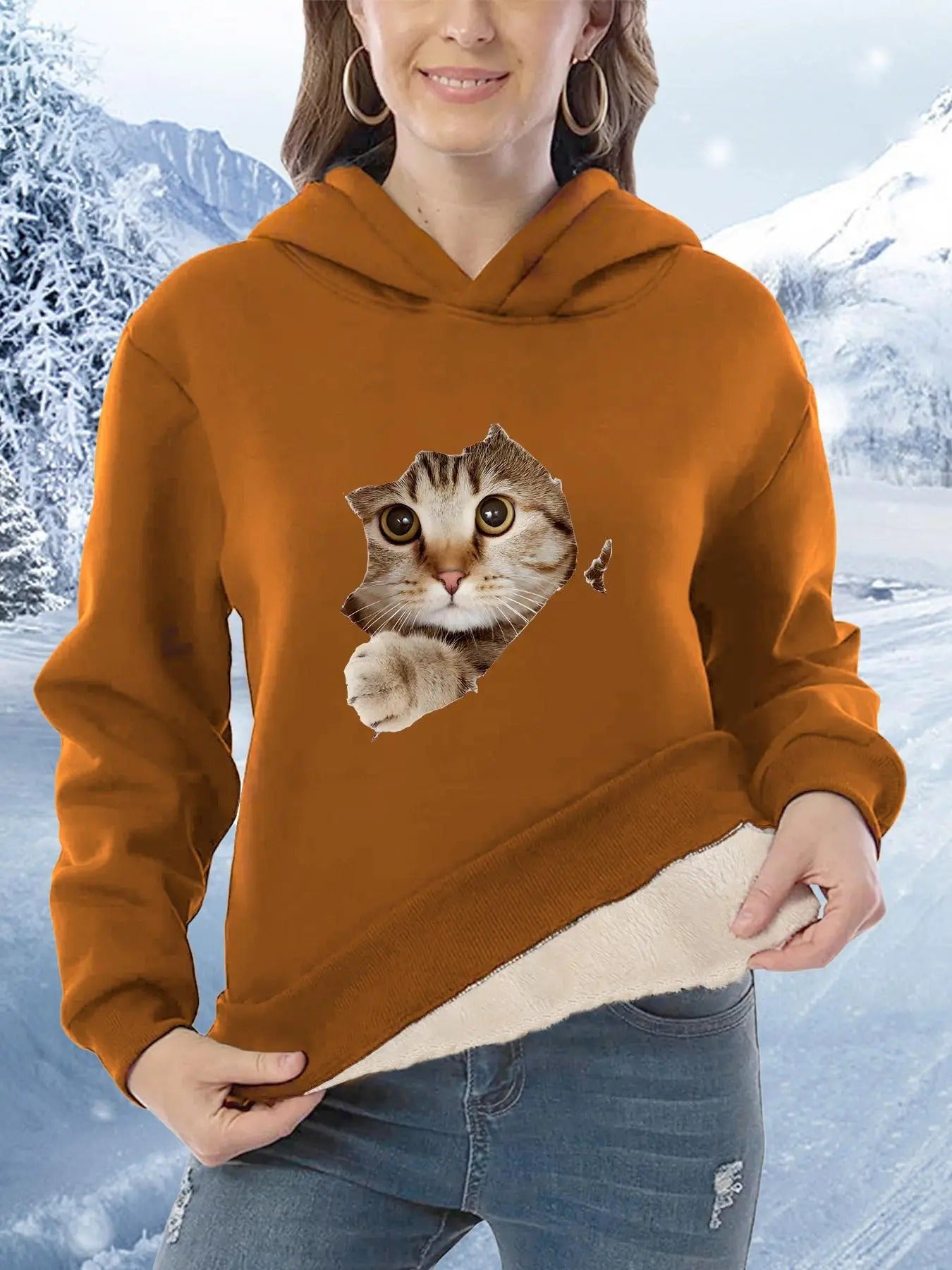 Women's Cat Print Drop Shoulder Thermal Lined Hoodie, Fashion Casual Long Sleeve Hooded Sweatshirt for Daily Outdoor...