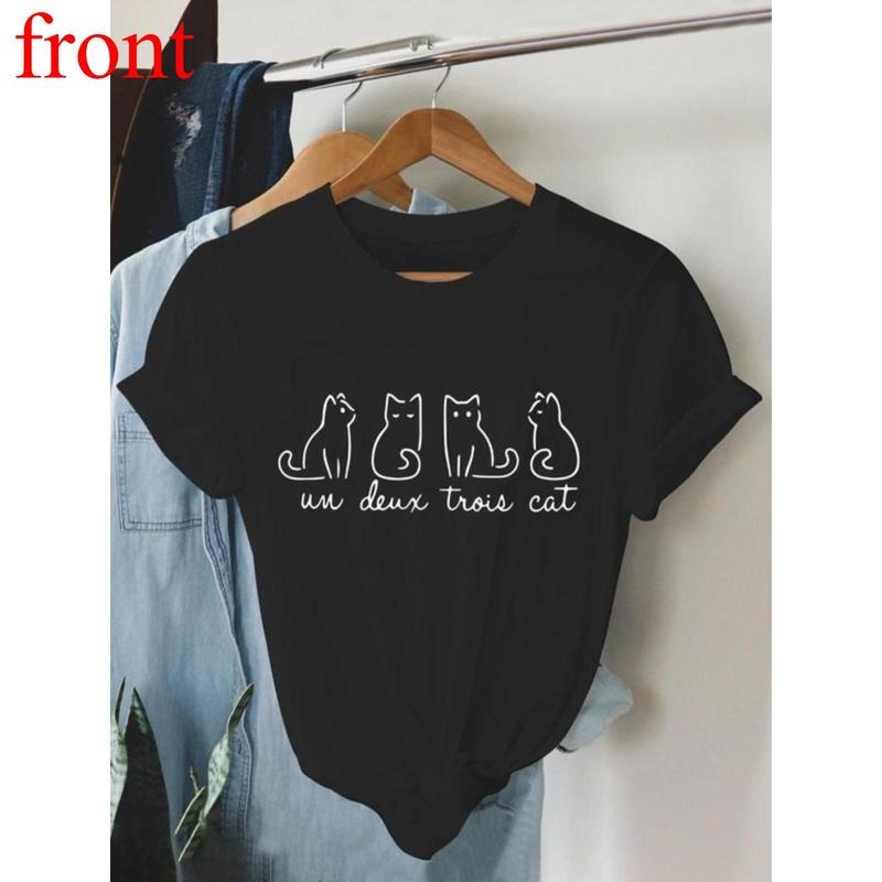 Women's Cat Print Round Neck Tee, Casual Letter Print Short Sleeve T-shirt for Daily Wear, Ladies Clothes for All Seasons...