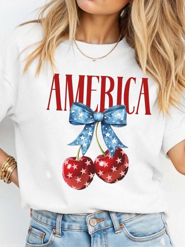 Women's Cherry & Bow Print Round Neck Graphic Tee, Trendy Casual Short Sleeve T-shirt for Daily Wear, Ladies Summer, Top...