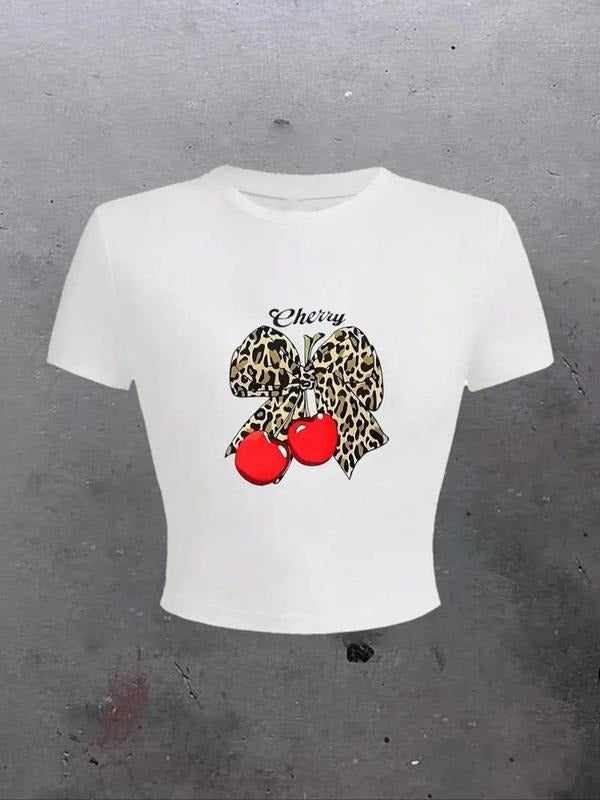 Women's Cherry & Bowknot Print Round Neck Tee, Casual Short Sleeve T-shirt for Summer, Ladies Clothes for Daily Wear, Top...