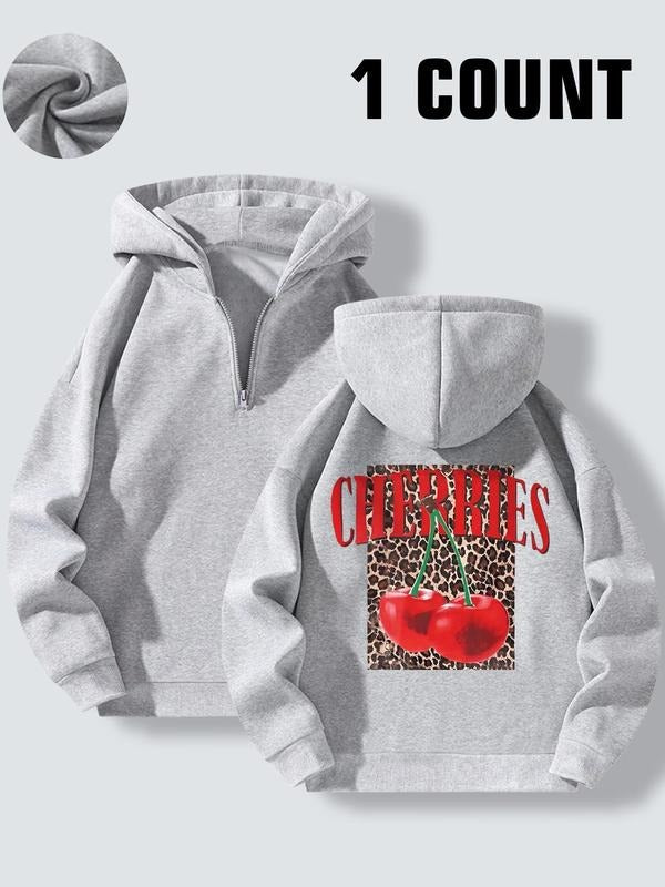 Women's Cherry & Leopard Print Half Zip Hoodie, Fashion Casual Long Sleeve Hooded Sweatshirt for Daily Holiday Outdoor...
