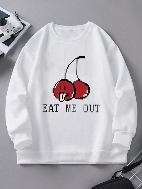 Women's Cherry & Letter Print Drop Shoulder Sweatshirt, Casual Long Sleeve Round Neck Pullover for Fall & Winter, Women's...