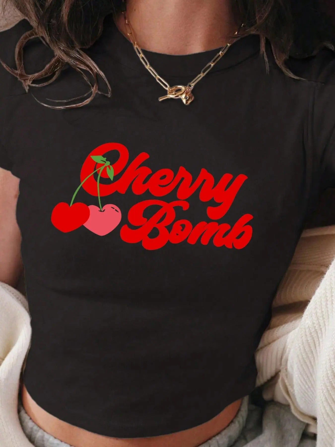 Women's Cherry & Letter Print Round Neck Crop Tee, Casual Short Sleeve Crew Neck T-shirt for Summer, Fashion Women's Top...