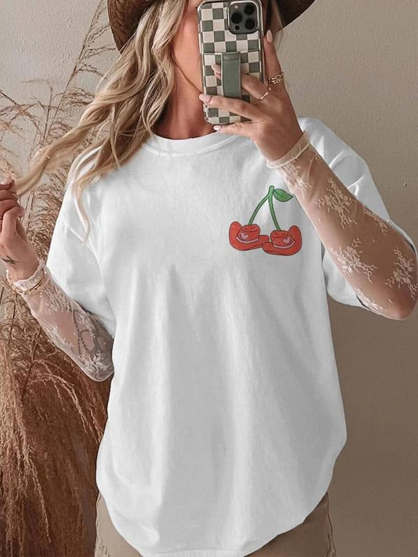 Women's Cherry & Letter Print Round Neck Graphic Tee, Vintage Trendy Casual Short Sleeve T-shirt for Daily Wear, Ladies...
