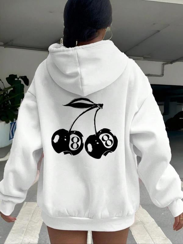 Women's Cherry & Number Print Drawstring Hoodie, Fashion Casual Hooded Sweatshirt for Daily Holiday Outdoor Wear, Women...