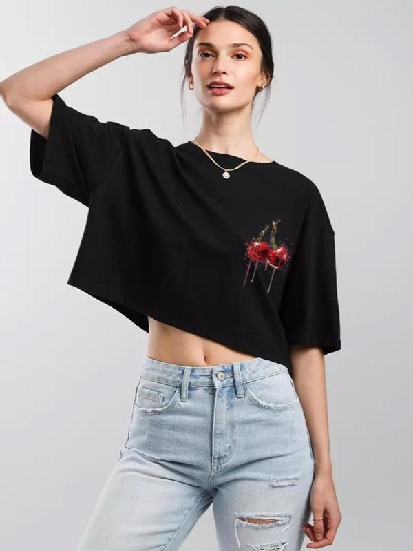 Women's Cherry & Strawberry Graphic Round Neck Tee, Fashion Casual Crew Neck T-shirt for Daily Holiday Vacation Outdoor...