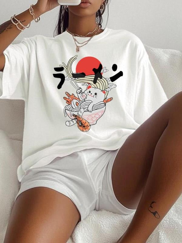 Women's Cherry & Sushi & Cat Print Round Neck Tee, Vintage Trendy Casual Short Sleeve T-shirt for Daily Wear, Ladies...