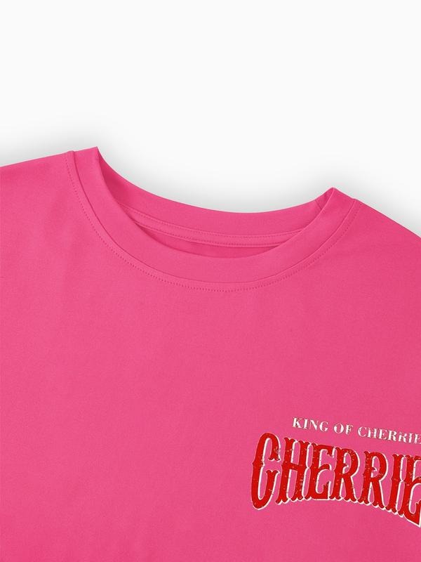 Women's Cherry Print Loose Fit Round Neck T-shirt, Chic Casual Trendy Top for Summer, Vacation Outfits, Daily Wear...