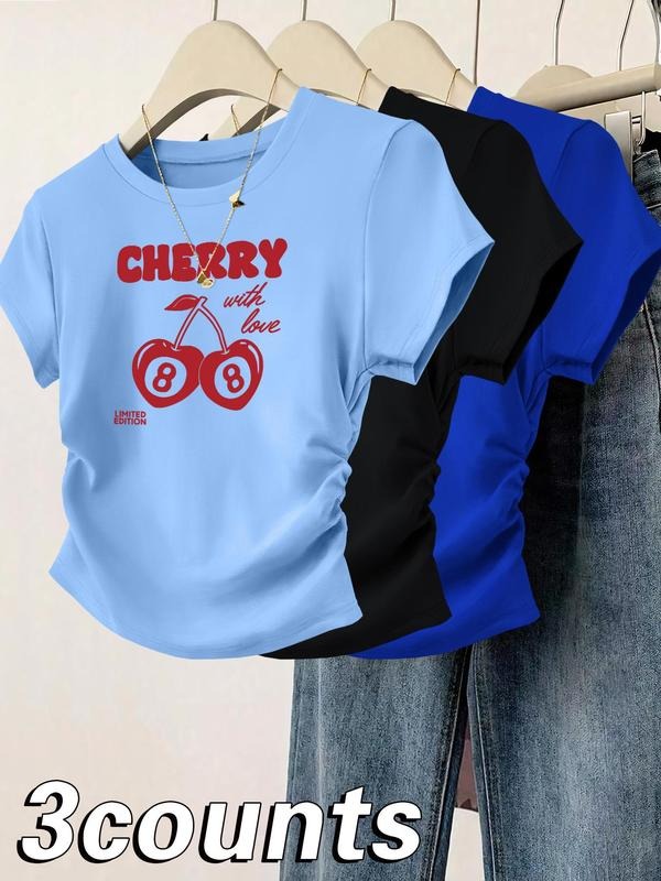 Women's Cherry Print Round Neck Tee, Casual Short Sleeve T-shirt for Daily Wear, Ladies Clothes for All Seasons, Top...