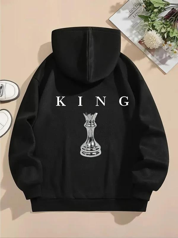 Women's Chess & Letter Print Drawstring Hoodie, Casual Long Sleeve Thermal Lined  Hooded Sweatshirt for Fall & Winter,...
