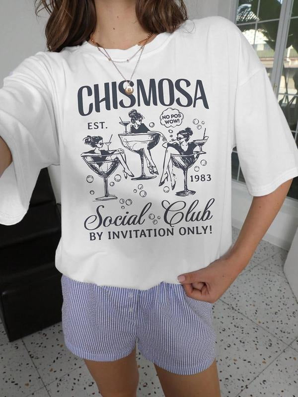 Women's Chichima Social Club Print Round Neck Tee, Casual Short Sleeve T-shirt for Daily Wear, Ladies Summer Clothes, Top...