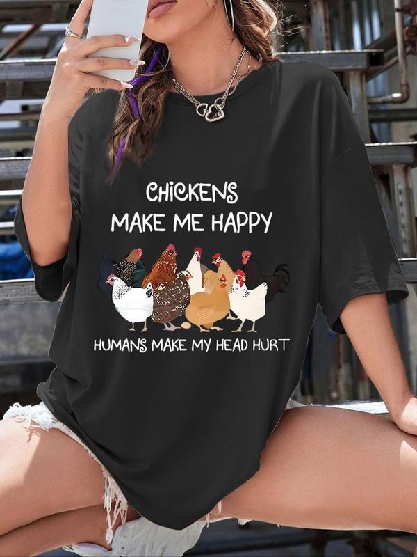 Women's Chicken & Letter Print Drop Shoulder Tee, Casual Half Sleeve Round Neck T-shirt for Summer, Fashion Women's Top...