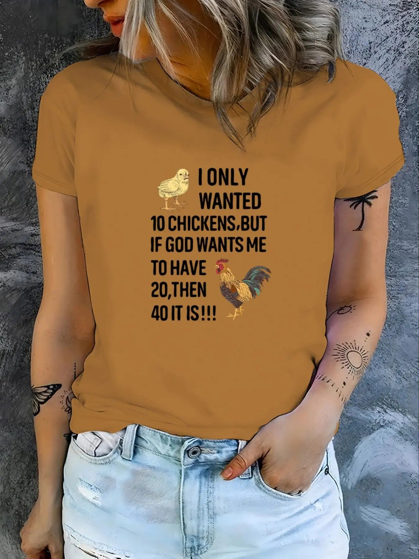 Women's Chicken & Letter Print Round Neck Tee, Cute Short Sleeve T-Shirt for Daily Wear, Ladies Clothes for All Seasons...