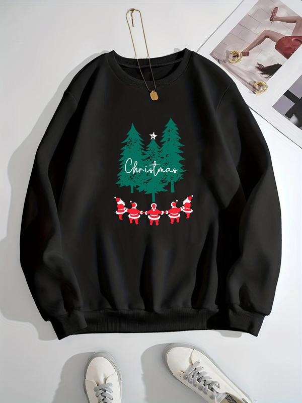 Women's Christma Tree & Santa Claus Print Drop Shoulder Sweatshirt, Casual Long-Sleeve Crew Neck Pullover For Daily...
