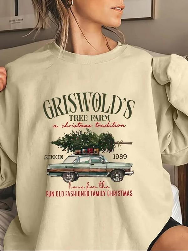 Women's Christmas Car & Tree Print Drop Shoulder Sweatshirt, Casual Long Sleeve Round Neck Pullover for Fall & Winter,...