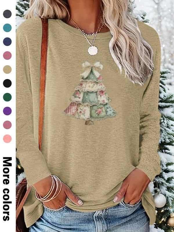 Women's Christmas Cartoon Print Long Sleeve Fitted Casual T-Shirt, Comfortable Fabric, Available in 9 Colors, All Seasons...