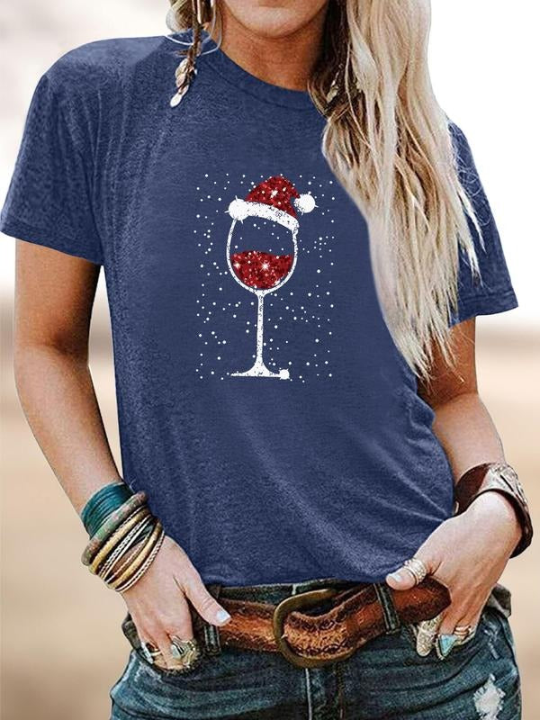 Women's Christmas Cartoon Print Round Neck Short Sleeve T-Shirt, Soft Comfortable Fabric, Casual Fitted Style, Available...