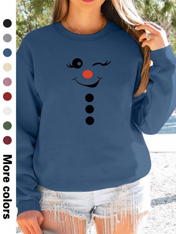 Women's Christmas Cartoon Smiley Face Print Long Sleeve Round Neck Pullover Sweatshirt, Casual Fitted Kint Fabric, Fall &...