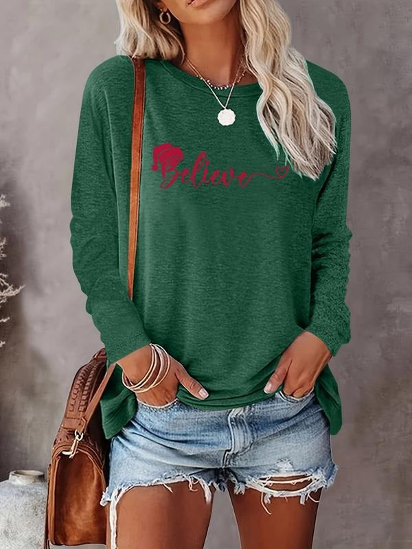 Women's Christmas Casual Letter Print Round Neck Long Sleeve T-Shirt, Comfortable Fabric, Available in 10 Colors, All...
