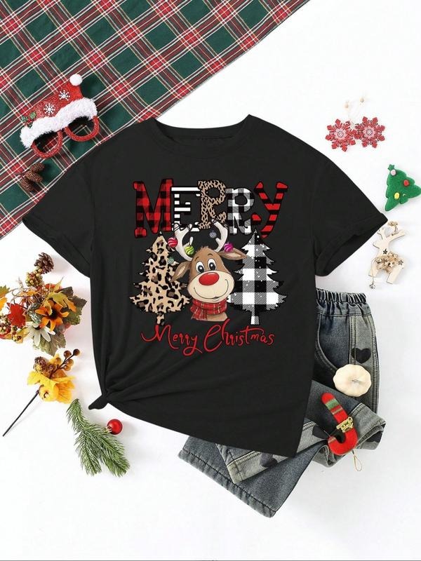 Women's Christmas Deer Print Round Neck Short Sleeve T-Shirt, Casual Loose Fit, Soft Breathable Fabric, Perfect Summer...