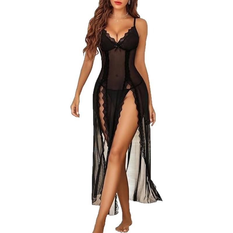 Women's Christmas Lace Nightgown - Floral Mesh Chemise with V-Neck & Side Splits - Fitted Loungewear for Comfortable Wear...