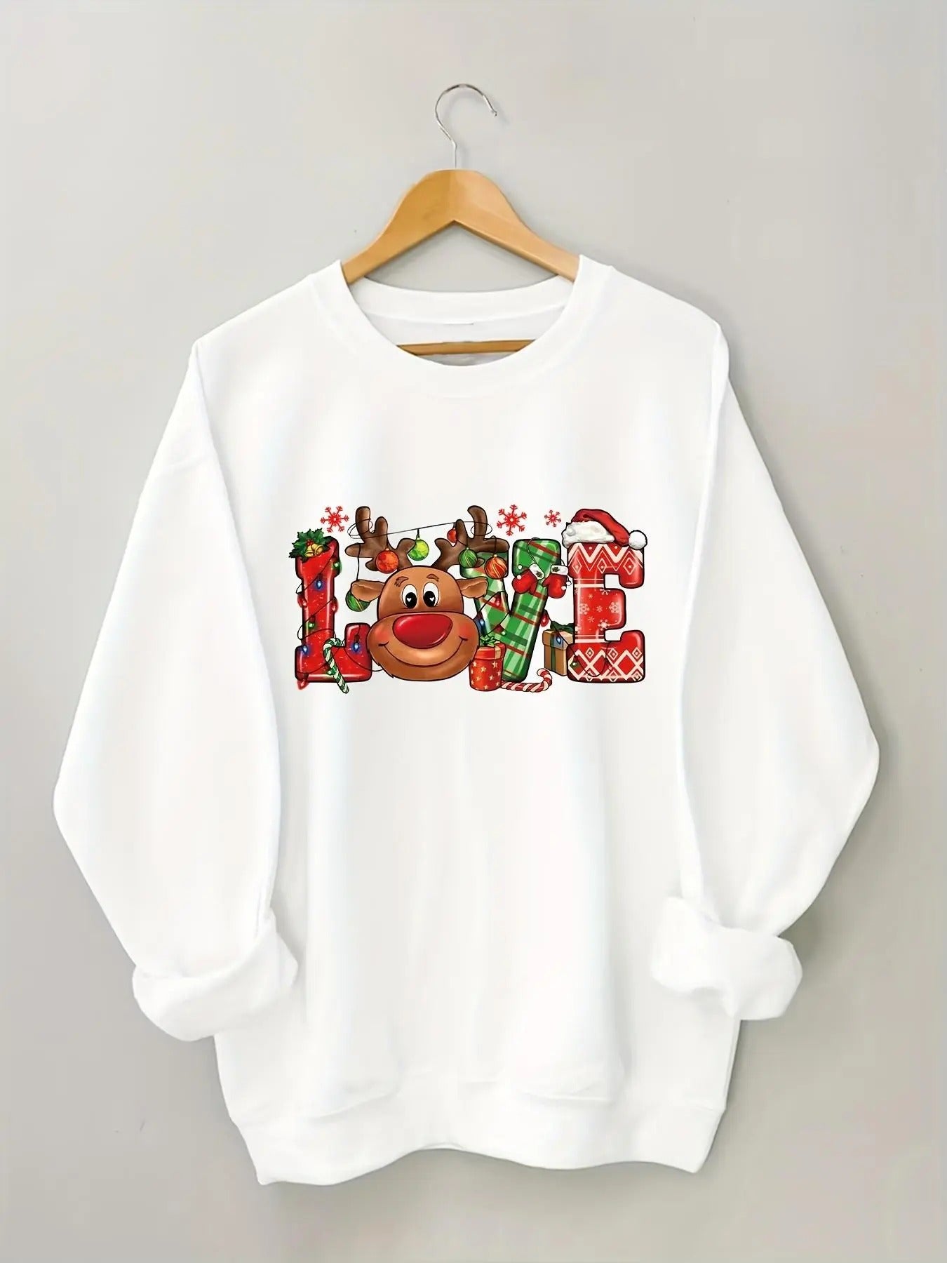 Women's Christmas Letter & Reindeer Print Round Neck Sweatshirt, Casual Long Sleeve Crew Neck Pullover for Fall & Winter,...