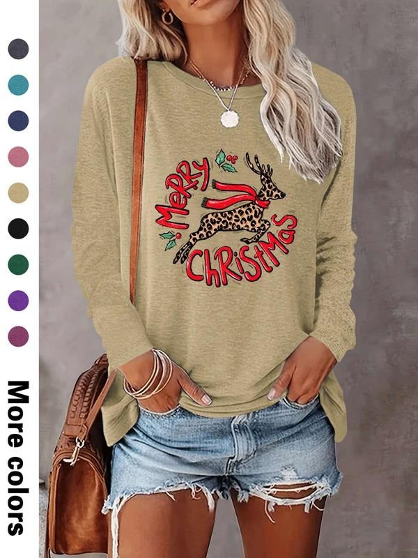 Women's Christmas Letter Print Long Sleeve Fitted Casual Top, Comfortable Fabric, Available in 9 Colors, All-Season Wear...