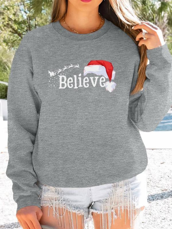 Women's Christmas Letter Print Long Sleeve Round Neck Pullover Sweatshirt, Casual Fitted Design, Available in 6 Colors...