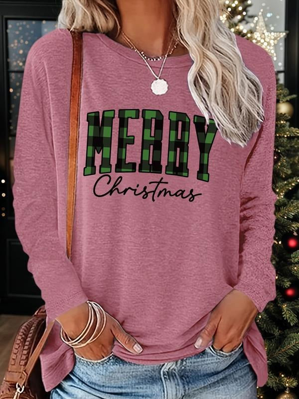 Women's Christmas Letter Print Round Neck Long Sleeve T-Shirt, Comfortable Fabric, Available in 9 Colors, Casual Fashion...