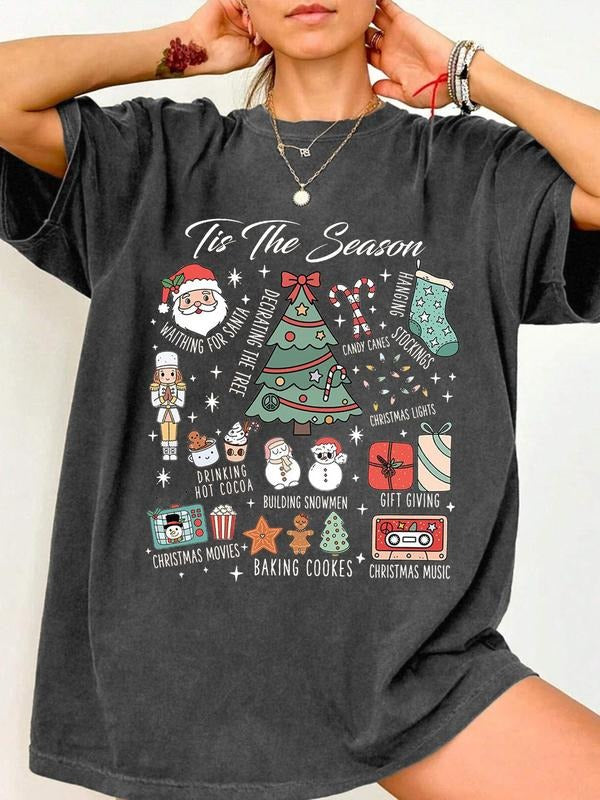 Women's Christmas Print & Letter Print Regular Fit Round Neck T-shirt, Casual Basic Top for All Seasons, Women's...