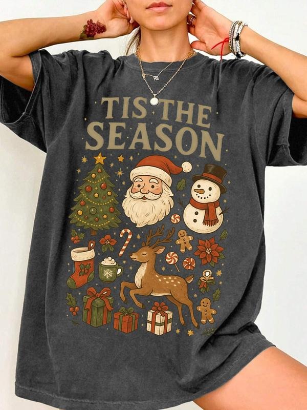 Women's Christmas Print & Letter Print Regular Fit Round Neck T-shirt, Casual Basic Top for All Seasons, Women's...