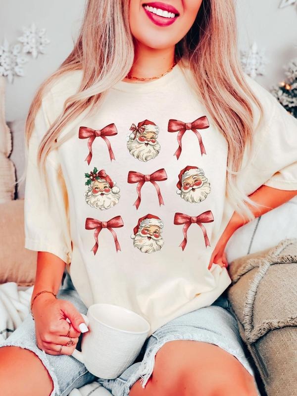 Women's Christmas Print Drop Shoulder Tee, Casual Short Sleeve Round Neck T-Shirt for Summer, Women's Top for Daily Wear...