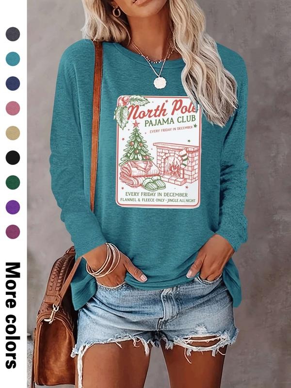 Women's Christmas Santa Claus Print Long Sleeve Casual Fitted T-Shirt, Comfortable Fabric, Available in 9 Colors, All...