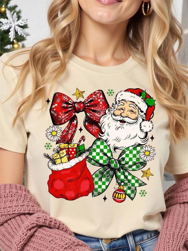 Women's Christmas T-Shirt with Santa Claus and Bow Print, Holiday Pattern Short Sleeve, Comfortable All-Season Top for...