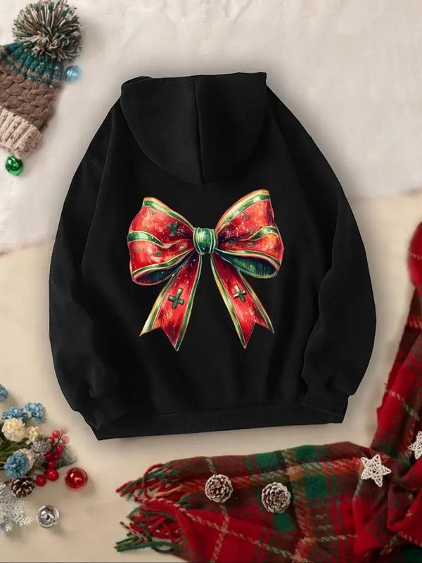 Women's Christmas Themed Bow Print Hoodie, 1 Count Casual Comfort Soft Pullover Hooded Sweatshirt for Fall & Winter,...