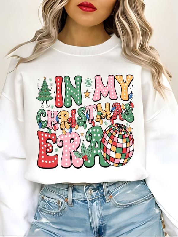 Women's Christmas Themed Letter Print Crew Neck Sweatshirt, Casual Long Sleeve Pullover for Fall & Winter, Women's...