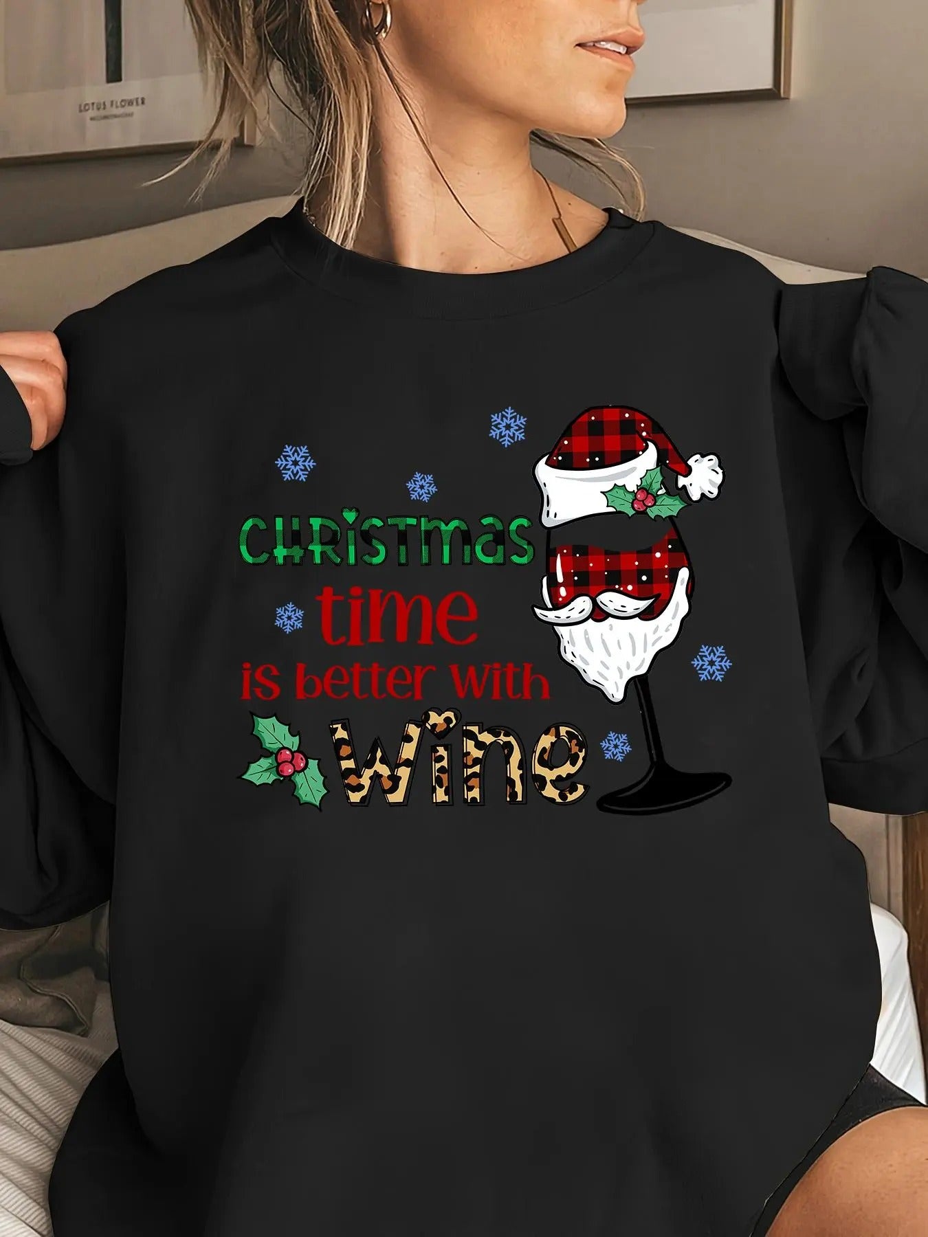 Women's Christmas Themed Letter Print Round Neck Pullover Sweatshirt, Casual Long Sleeve Crew Neck Sweatshirt for Fall &...