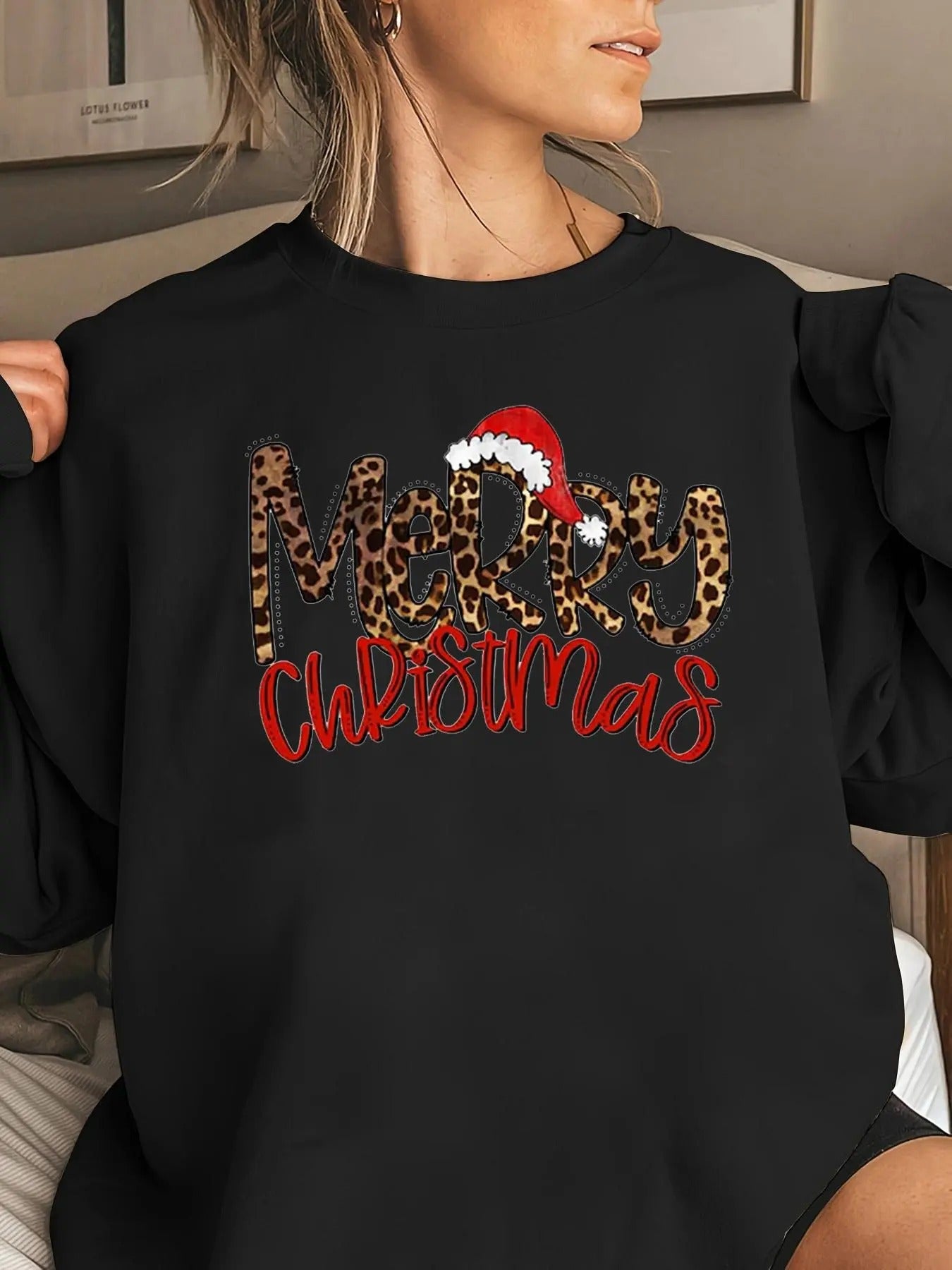 Women's Christmas Themed Letter Print Round Neck Pullover Sweatshirt, Casual Long Sleeve Crew Neck Sweatshirt for Fall &...