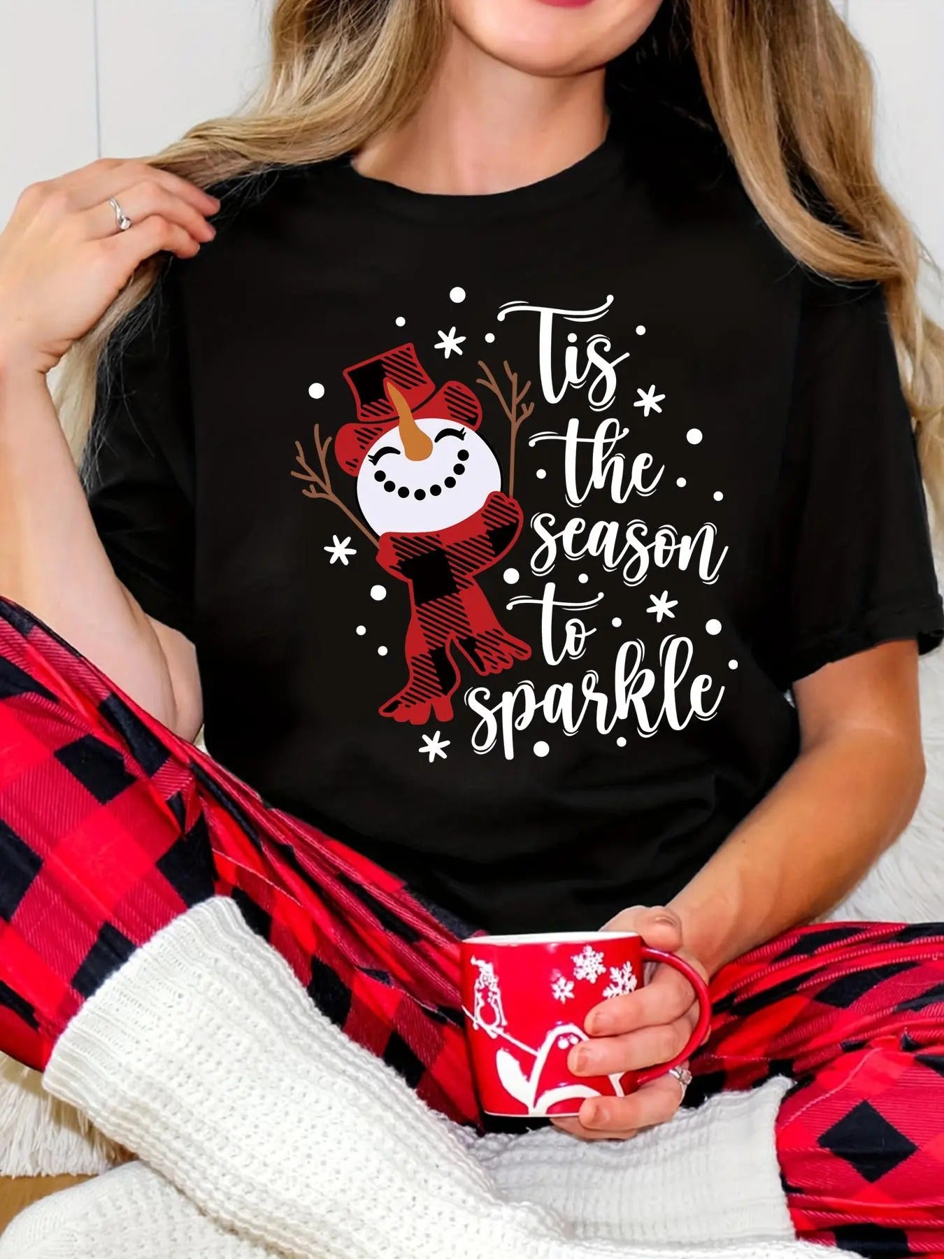 Women's Christmas Themed Letter Print Round Neck Tee, Casual Soft Comfortable Short Sleeve T-shirt for Daily Holiday...