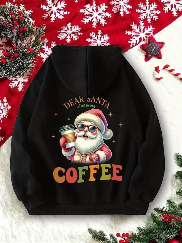 Women's Christmas Themed Santa Claus & Coffee Print Sweatshirt, Casual Long Sleeve Hoodie for Daily Wear, Ladies Fall &...