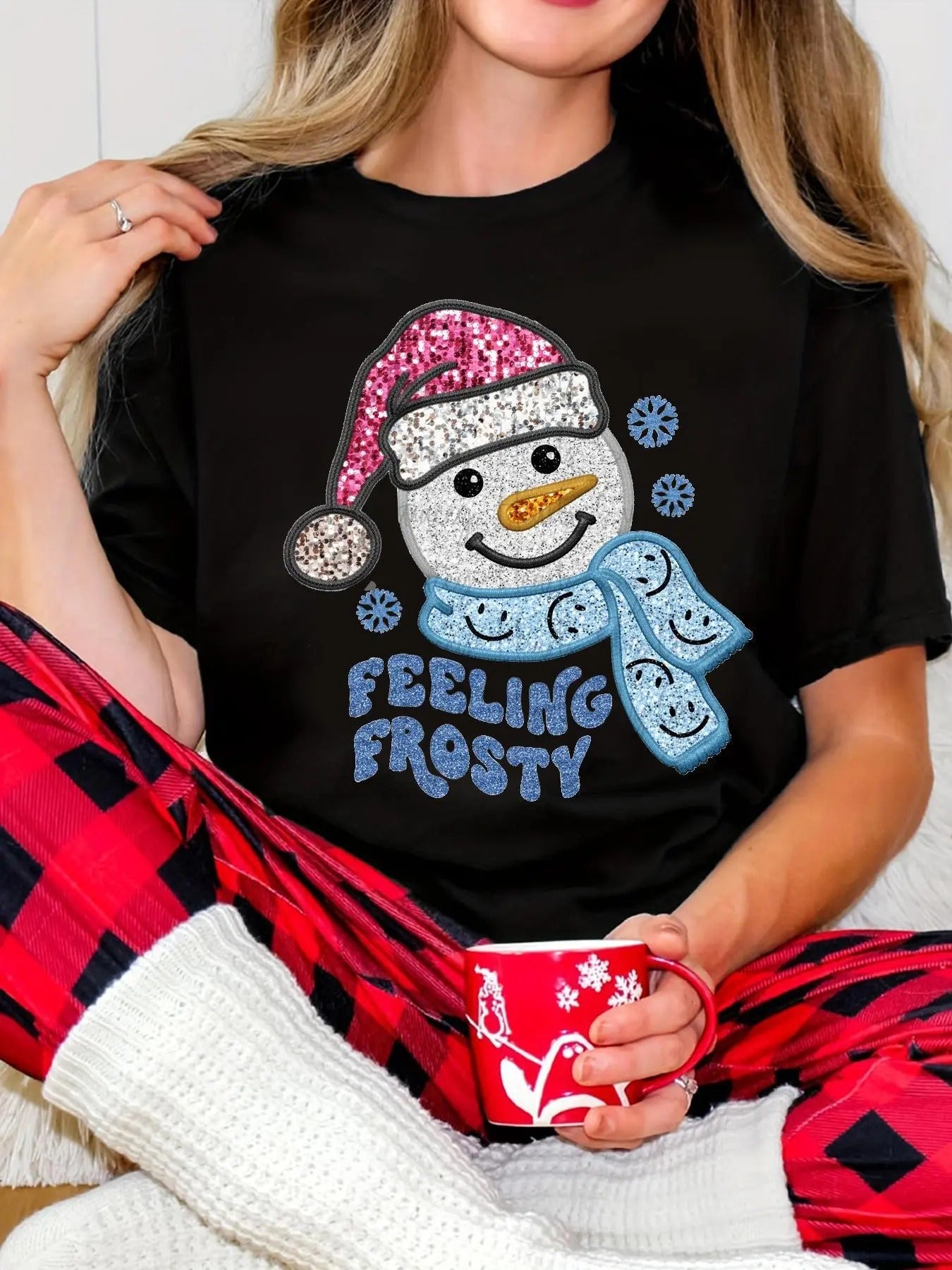 Women's Christmas Themed Snowman Print Round Neck Tee, Casual Snowman Graphic Short Sleeve T-shirt for Daily Holiday...