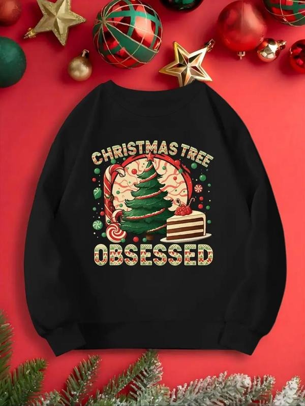 Women's Christmas Tree & Letter Print Drop Shoulder Sweatshirt, Casual Long Sleeve Round Neck Pullover for Fall & Winter,...