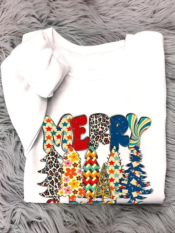 Women's Christmas Tree & Letter Print Round Neck Sweatshirt, Casual Long Sleeve Pullover for Fall & Winter, Ladies...