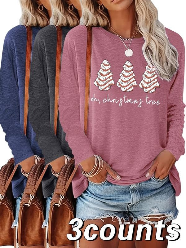 Women's Christmas Tree Letter Print Long Sleeve Round Neck Top, Casual Fitted Plain Design, Comfortable Fabric,...