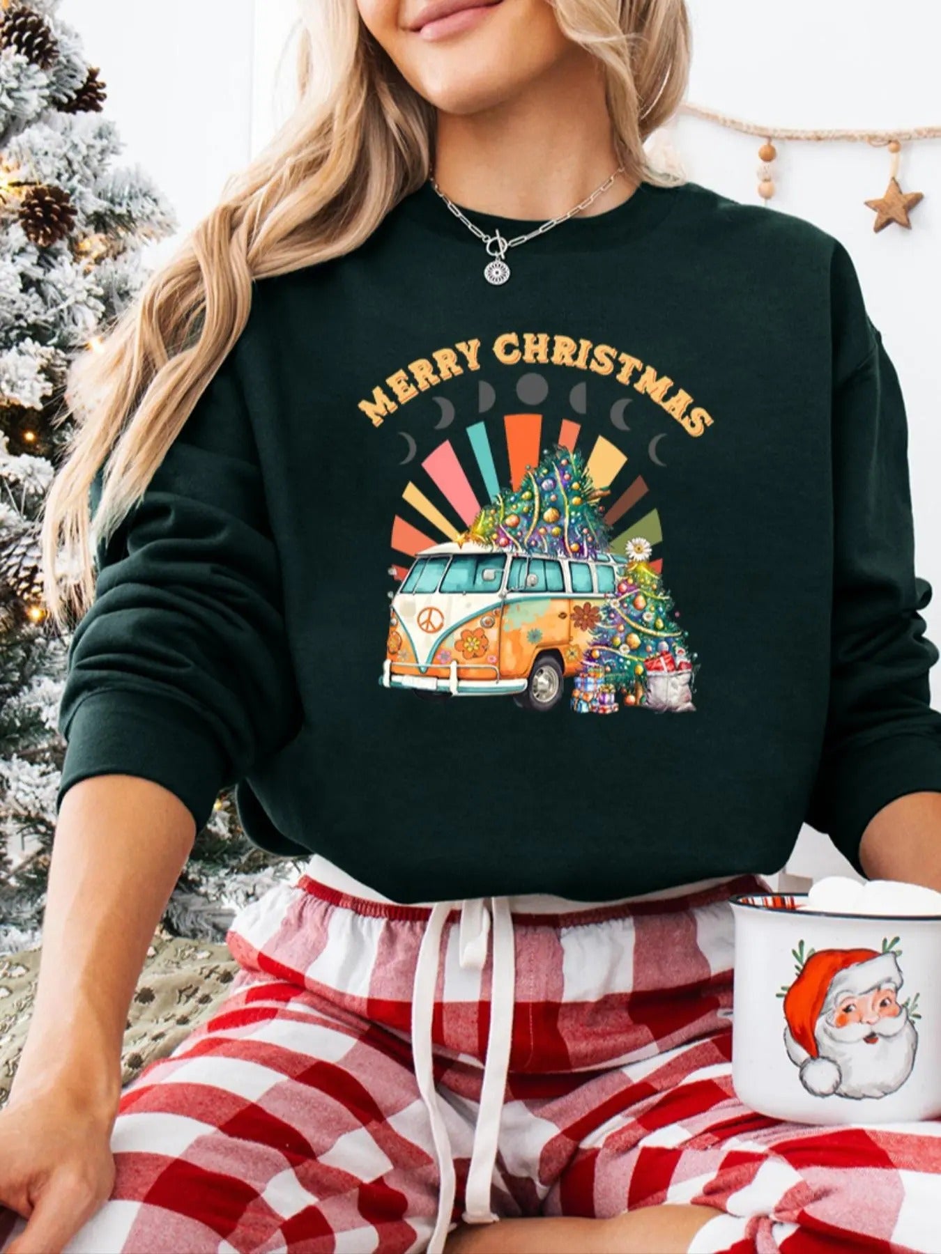 Women's Christmas Tree Print Drop Shoulder Sweatshirt, Casual Long Sleeve Round Neck Pullover for Fall & Winter, Ladies...