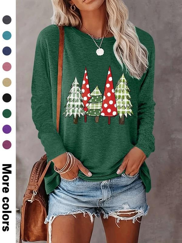 Women's Christmas Tree Print Long Sleeve Casual Fitted T-Shirt, Comfortable Fabric, Available in 9 Colors, All Seasons...