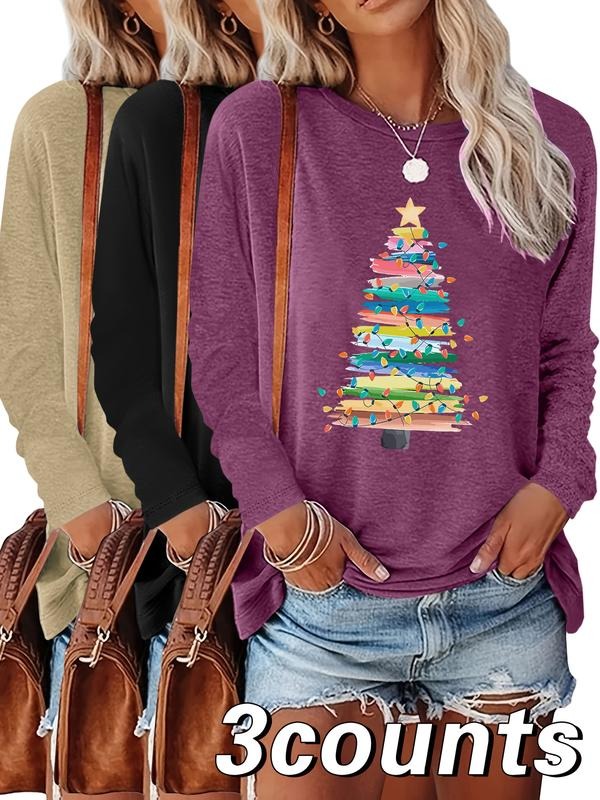 Women's Christmas Tree Print Long Sleeve Round Neck Casual Top, Comfortable Fabric, Fitted H-Type Design, All Seasons...