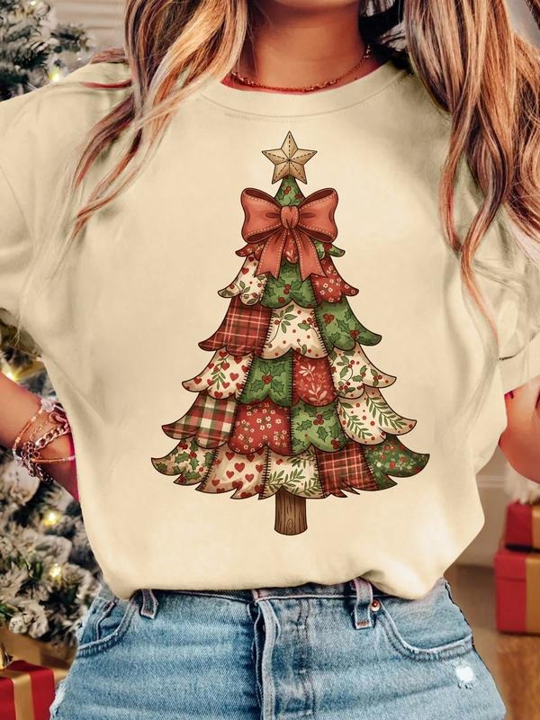 Women's Christmas Tree Print Loose Fit Round Neck T-shirt, Casual Top for All Seasons, Women's Christmas Clothing for...